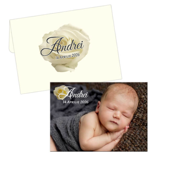 Invitatii botez trandafir alb crem