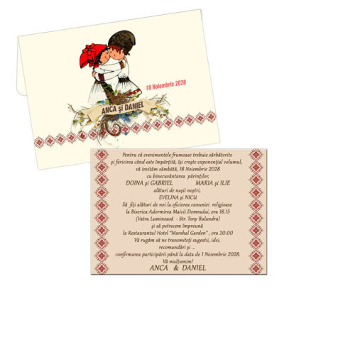 Invitatii nunta tematica traditionala, tip felicitare 14x10cm cu plic