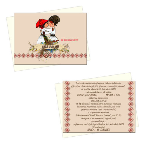 Invitatii nunta tematica traditionala, tip felicitare 14x10cm cu plic