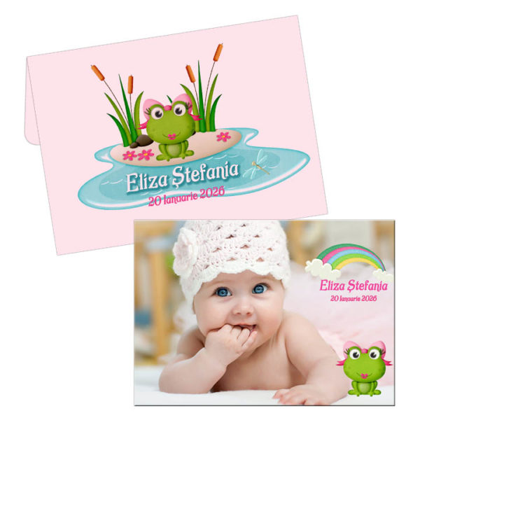 Invitatii botez broscuta vesela, roz