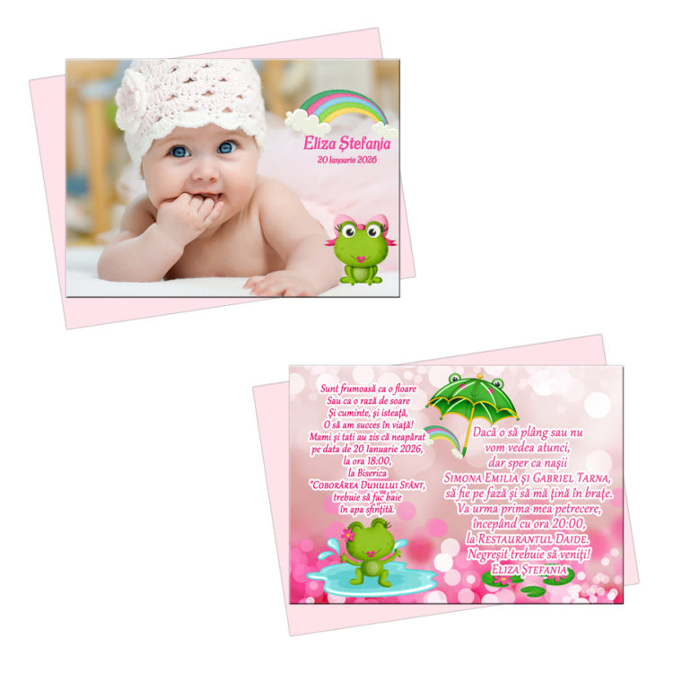 Invitatii botez broscuta vesela, roz