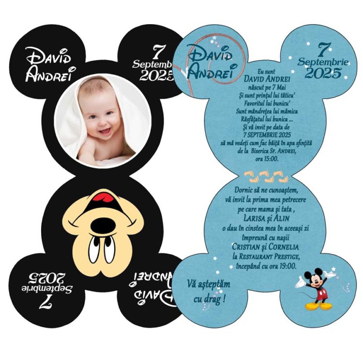 Invitatii botez Mickey Mouse, negru si bleu
