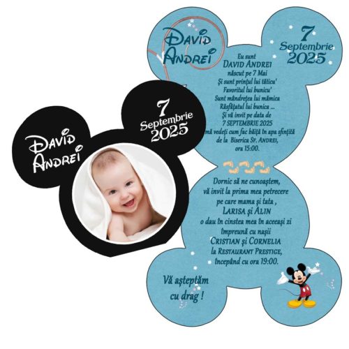 Invitatii botez Mickey Mouse, negru si bleu