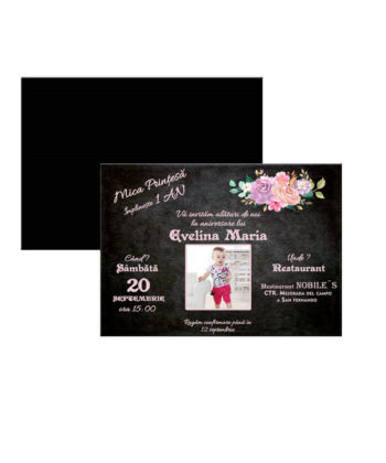 Invitatie magnetica pentru aniversare, magnet 14cm x 10cm cu plic roz
