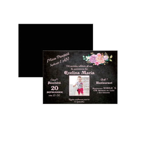 Invitatie magnetica pentru aniversare, magnet 14cm x 10cm cu plic roz