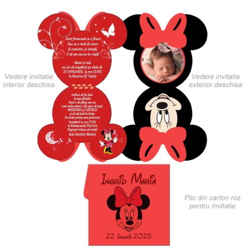 Invitatie Minnie Mouse, plic rosu