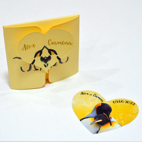 Marturii nunta cu pinguini forma inima, cutii incluse