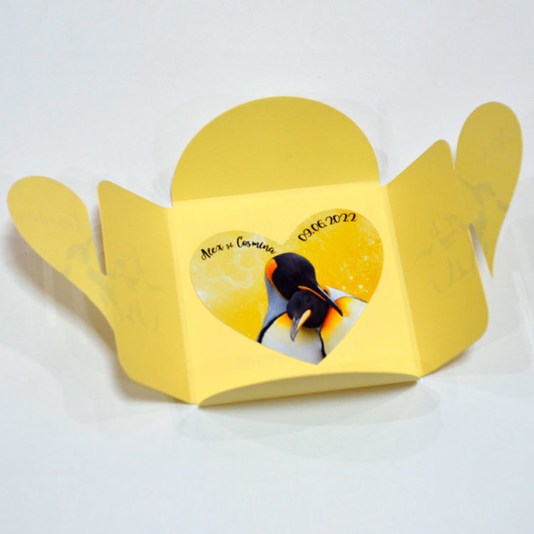 Marturii nunta cu pinguini forma inima, cutii incluse