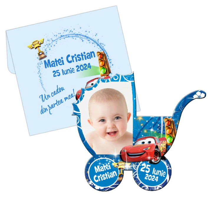 Marturii botez Cars masina McQueen, magneti cu plicuri personalizate