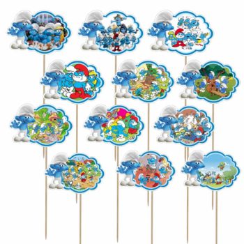 Propsuri Botez Strumfi, set de 12 decoratiuni pe bat, cu personaje si chenare albastre cu contur floral