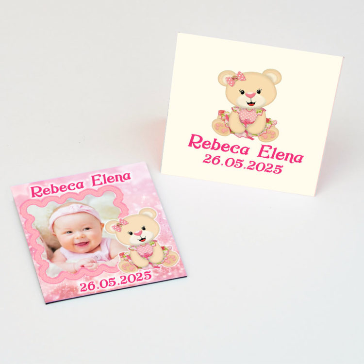 Marturii botez ursulet roz, 7 cm x 6.5 cm, cu plicuri incluse - Marturii Botez