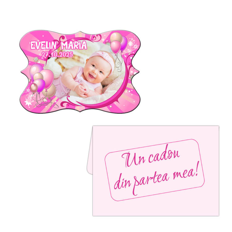 Marturii botez forma vintage baloane roz, plic inclus