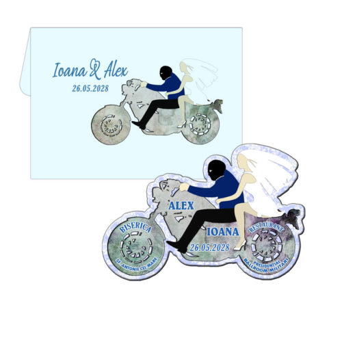 Marturie nunta motocicleta cu plic inclus vintage bleu