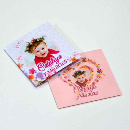 Invitatie florala pentru botez, personalizata cu fotografie si text, dimensiune 18x9 cm