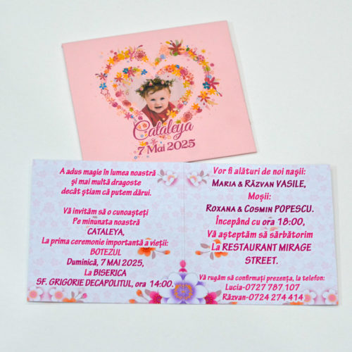 Invitatie florala pentru botez, personalizata cu fotografie si text, dimensiune 18x9 cm