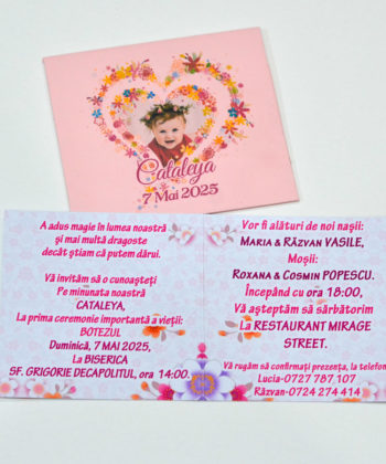 Invitatii botez model floral, 2 in 1 invitatie plus marturie magnet floare