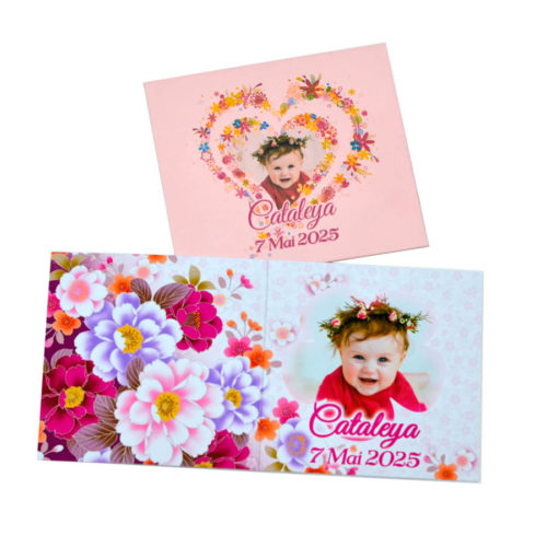 Invitatie florala pentru botez, personalizata cu fotografie si text, dimensiune 18x9 cm