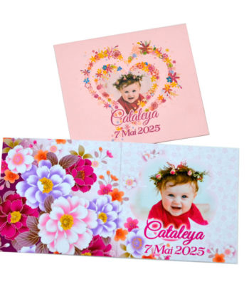 Invitatii botez model floral, 2 in 1 invitatie plus marturie magnet floare