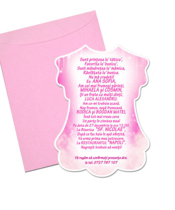 Invitatie botez rochita roz cu plic inclus