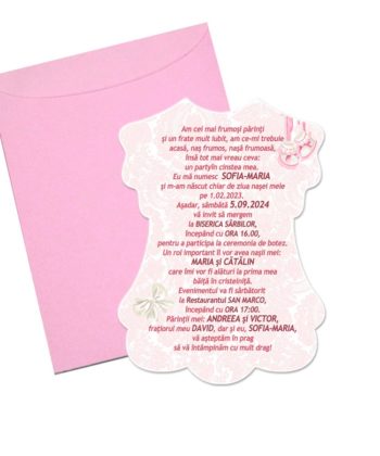 Invitatie botez rochita roz printesa, cu plic inclus