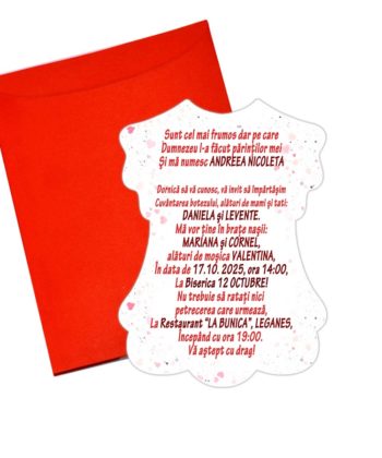 Invitatie botez rochita inimi, cu plic inclus