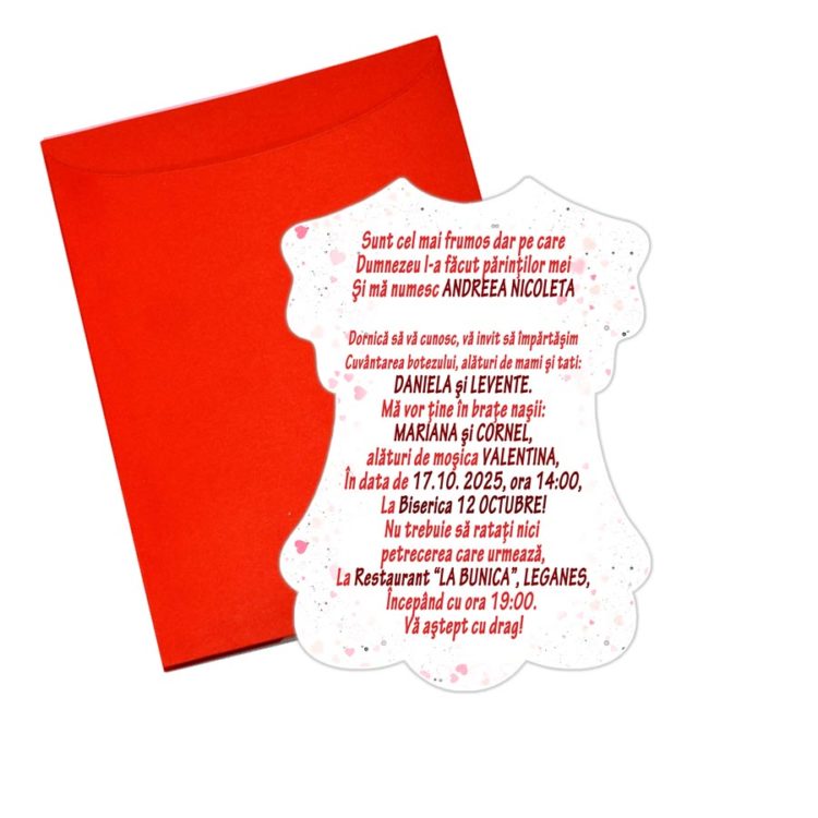 Invitatie botez rochita inimi, cu plic inclus