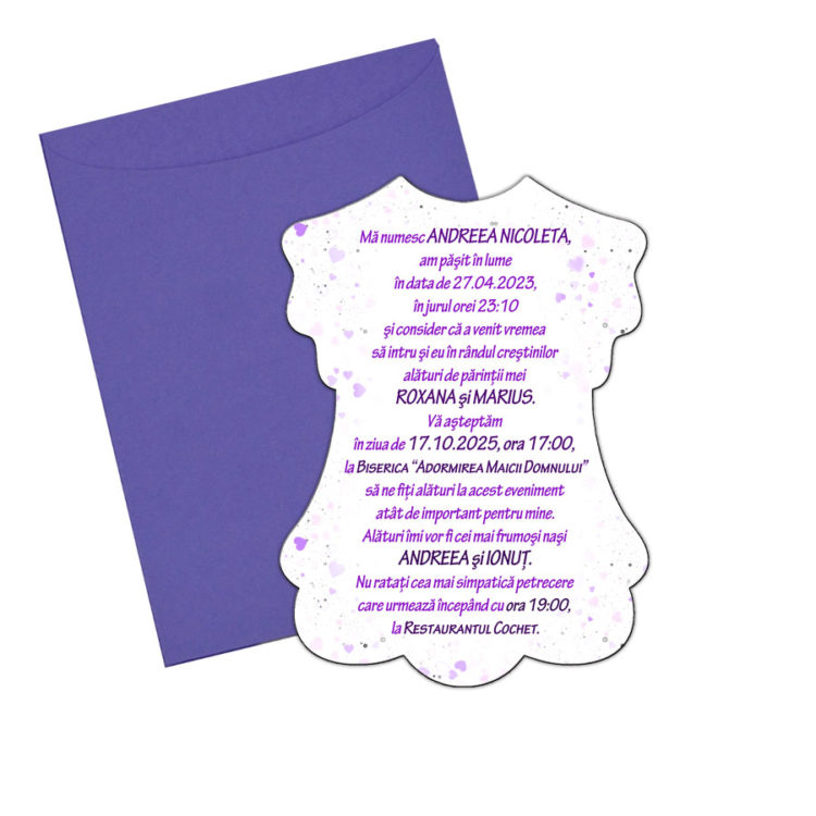 Invitatie botez rochita inimi mov