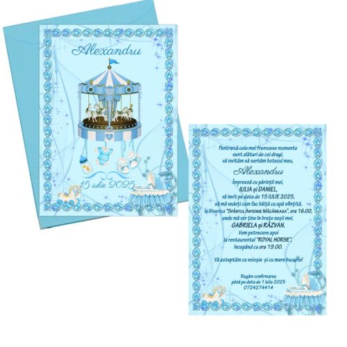 Invitatie botez carusel plic bleu