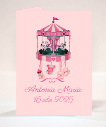 Invitatie botez carusel 13x18 cm cu plic roz inclus
