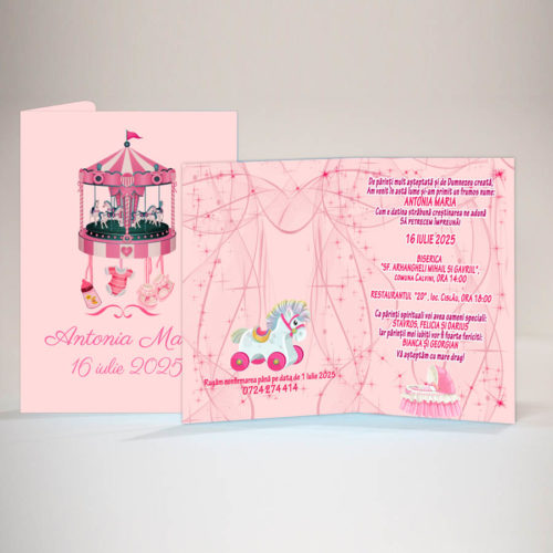 Invitatie botez carusel 13x18 cm cu plic roz inclus