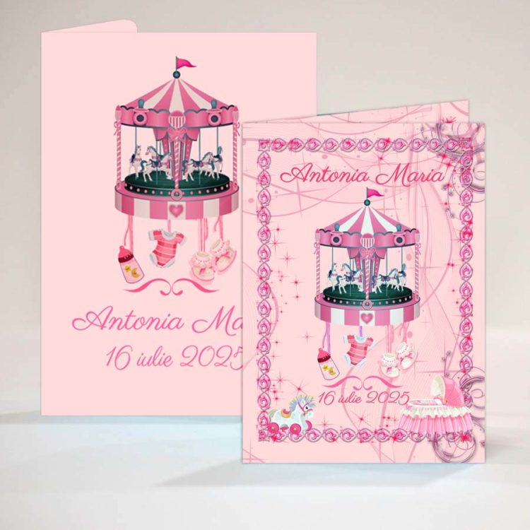 Invitatie botez carusel 13x18 cm cu plic roz inclus