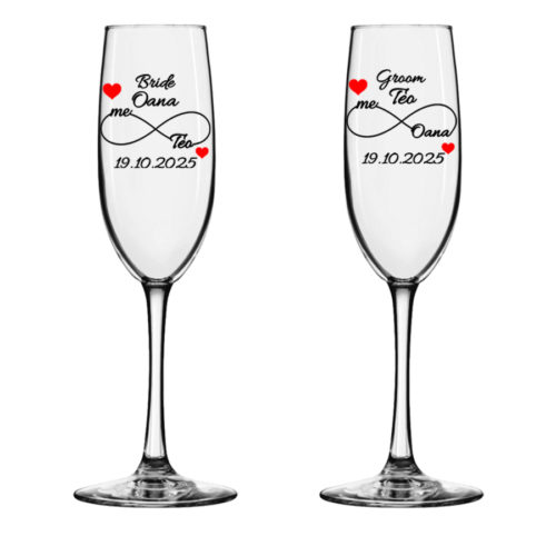 Set 4 pahare miri personalizate, pahare sampanie pentru nunta INFINIT LOVE 22.5cm