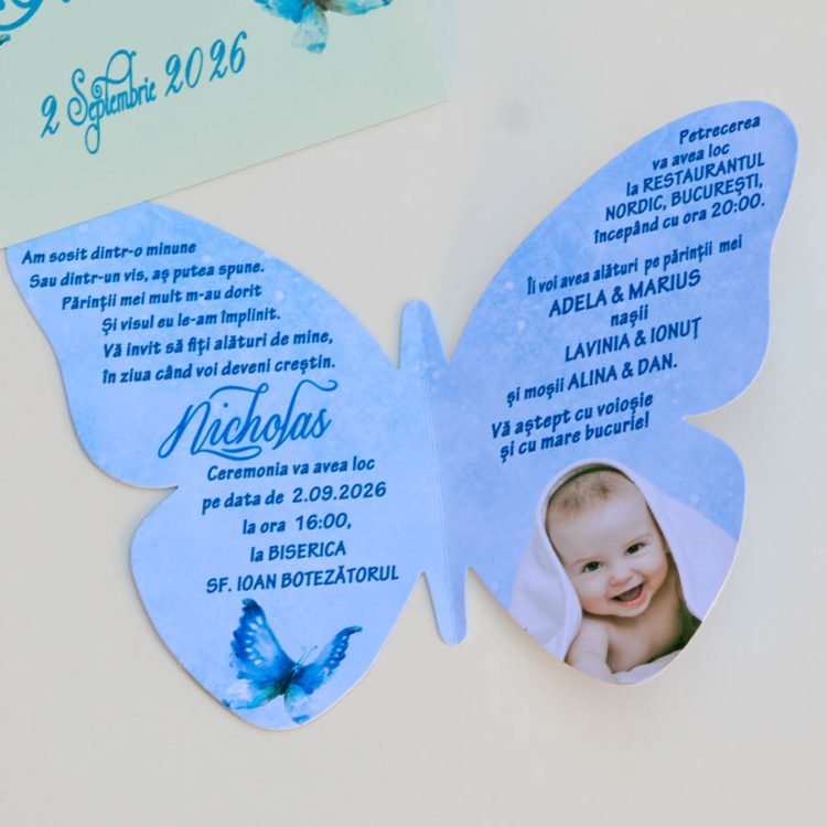 Invitatie botez fluture albastru