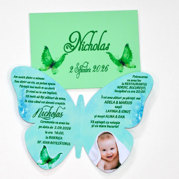 Invitatie botez fluture verde