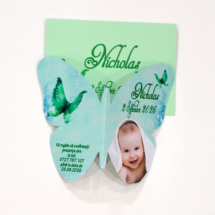 Invitatie botez fluture verde