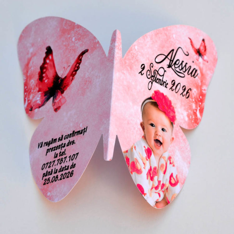 Invitatie Botez Fluture Rosu - Invitatii Botez Fluturasi