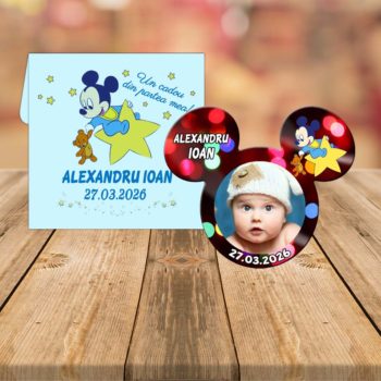 Marturie magnet baby Mickey Mouse cu plic inclus pentru botez