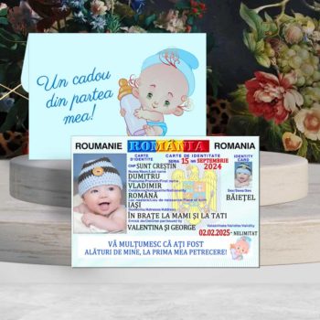 Magnet buletin bebe baieti marturie botez cu plic personalizat