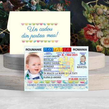 Magnet buletin botez baieti model crem cu plic personalizat