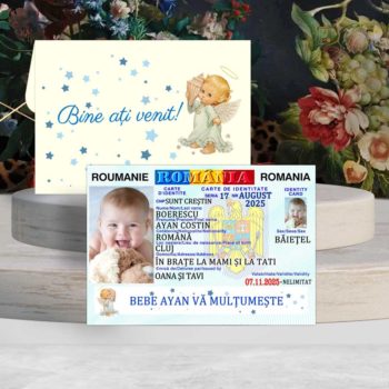 Magnet buletin botez baieti model ingeras cu plic personalizat