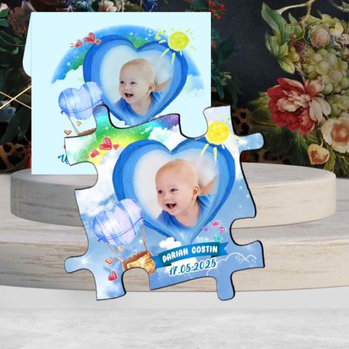 Magnet piesa puzzle, marturie botez, balon aer cald bleu, plic inclus