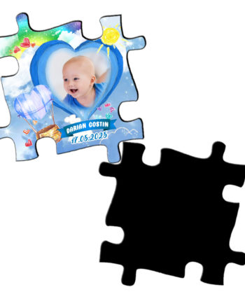 Magnet piesa puzzle, marturie botez, balon aer cald bleu, plic inclus