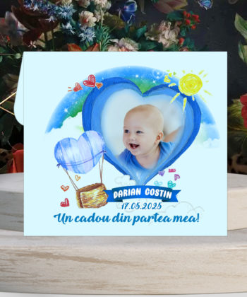 Magnet piesa puzzle, marturie botez, balon aer cald bleu, plic inclus