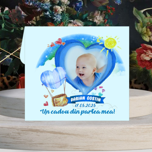 Magnet piesa puzzle, marturie botez, balon aer cald bleu, plic inclus