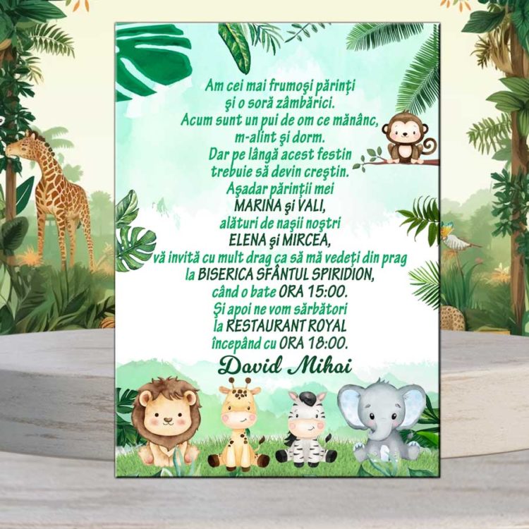Invitatie botez Safari baieti, animalute