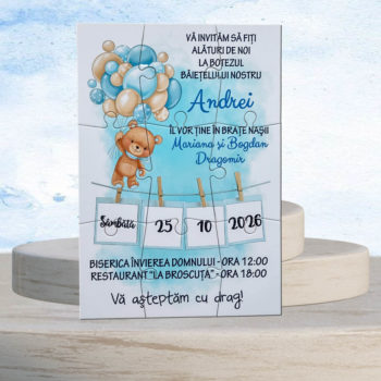Invitatii botez puzzle ursulet, invitatii botez baiat, invitaţii botez, model invitatie botez