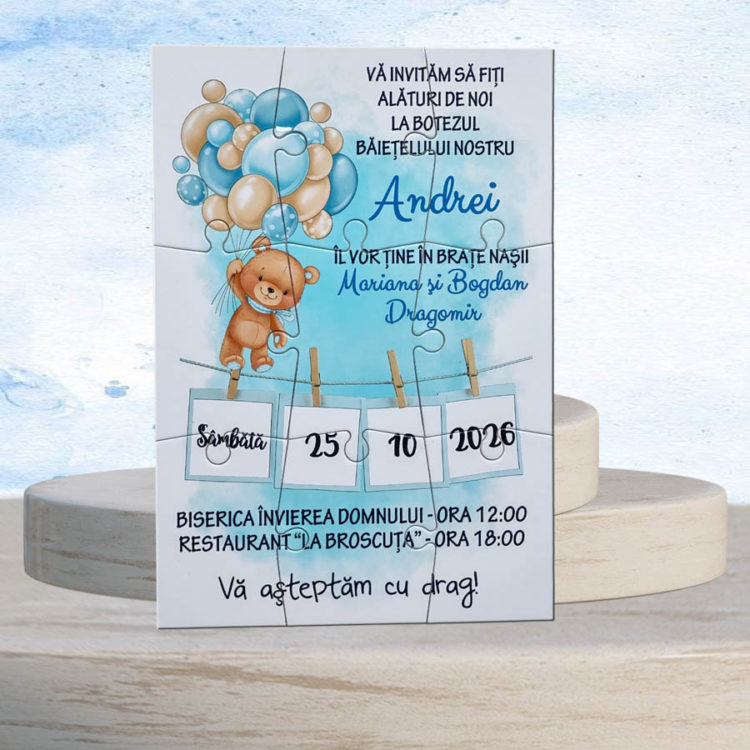 Invitatii botez puzzle ursulet, invitatii botez baiat, invitaţii botez, model invitatie botez