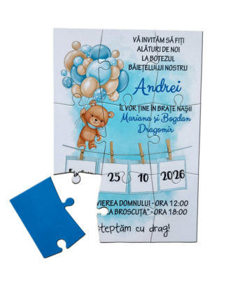Botez invitatie puzzle ursulet cu baloane