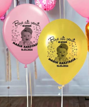 Baloane personalizate cu fotografie, mesaj, prenume bebe si data, tematica stelute