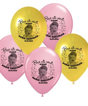 Baloane personalizate cu fotografie, mesaj, prenume bebe si data, tematica stelute